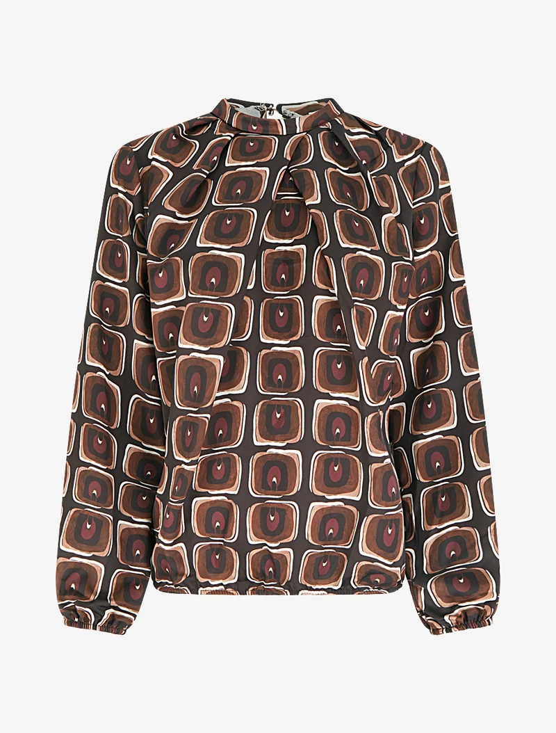 Blouse satiné imprimé rétro - Chocolat