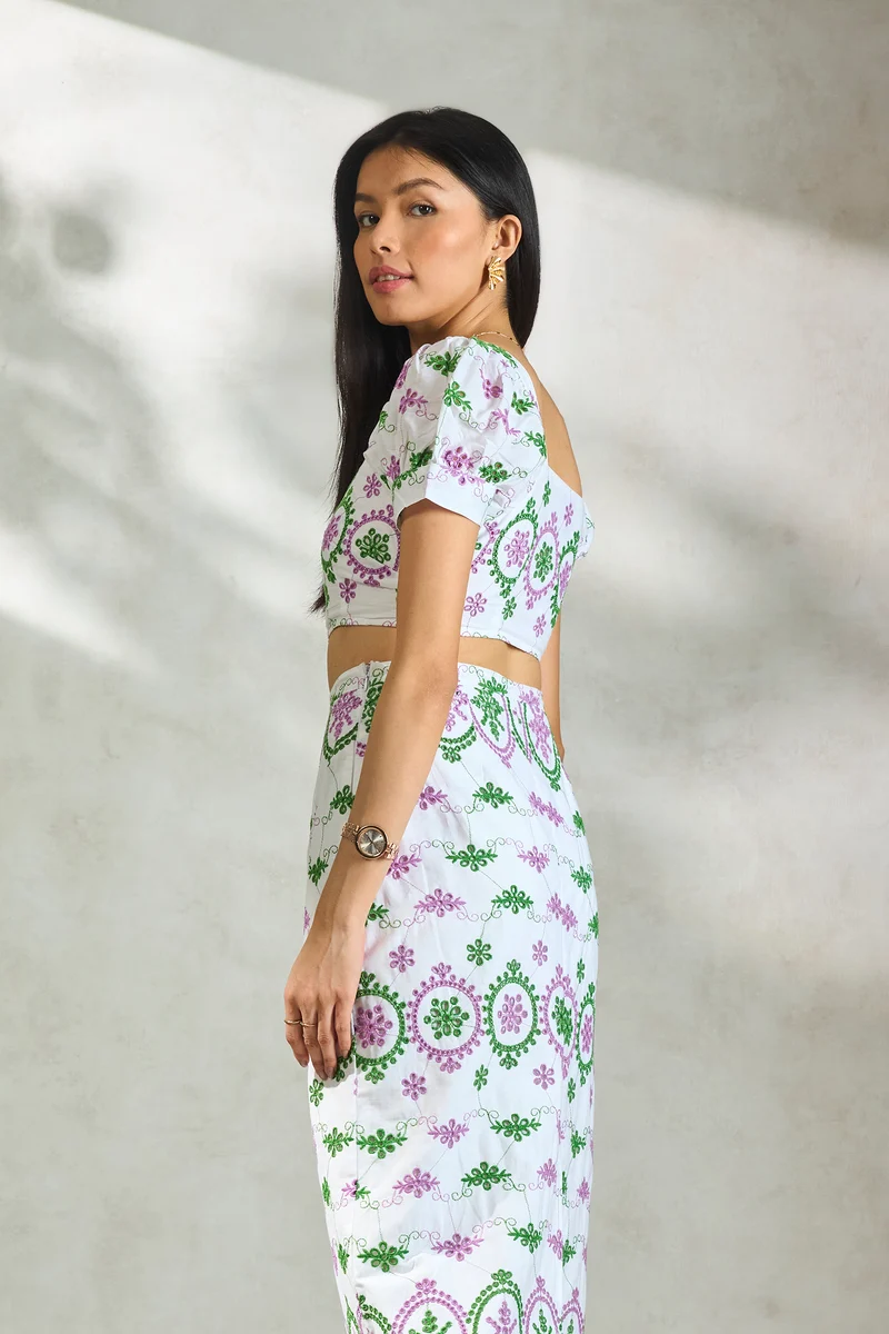 Bryony Top|100% Cotton Schiffli Crop Top With Puff Sleeves