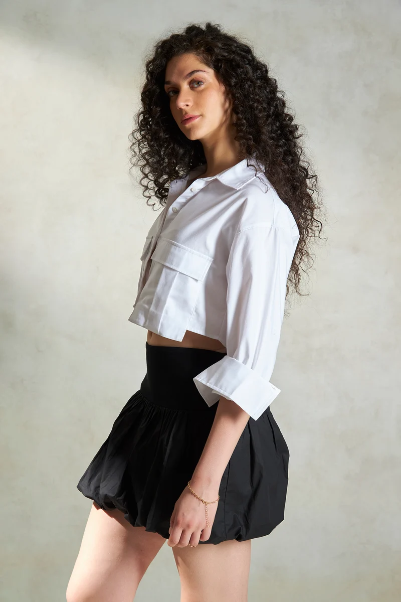 Joana|100% Cotton Crop Shirt With Cargo Pockets