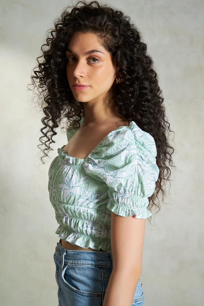 Melanie|100% Cotton Green Floral Bustier Crop Top