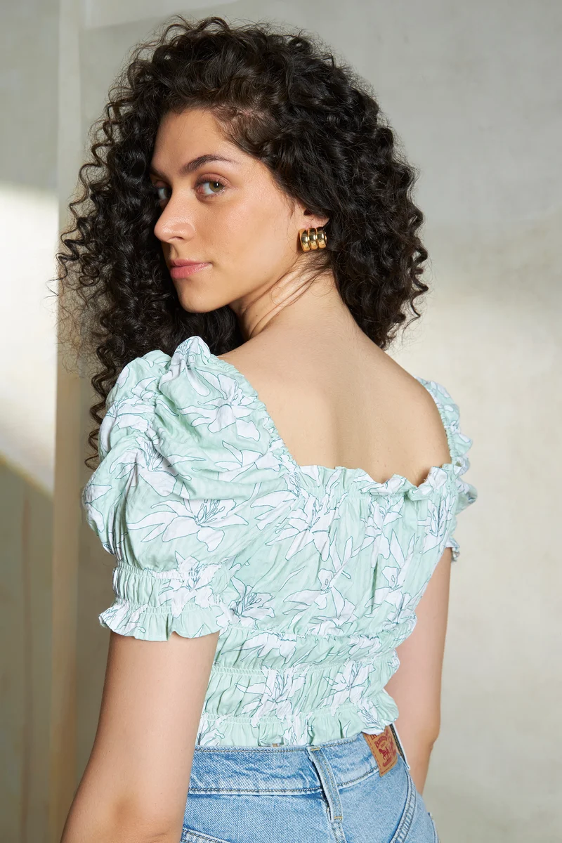 Melanie|100% Cotton Green Floral Bustier Crop Top