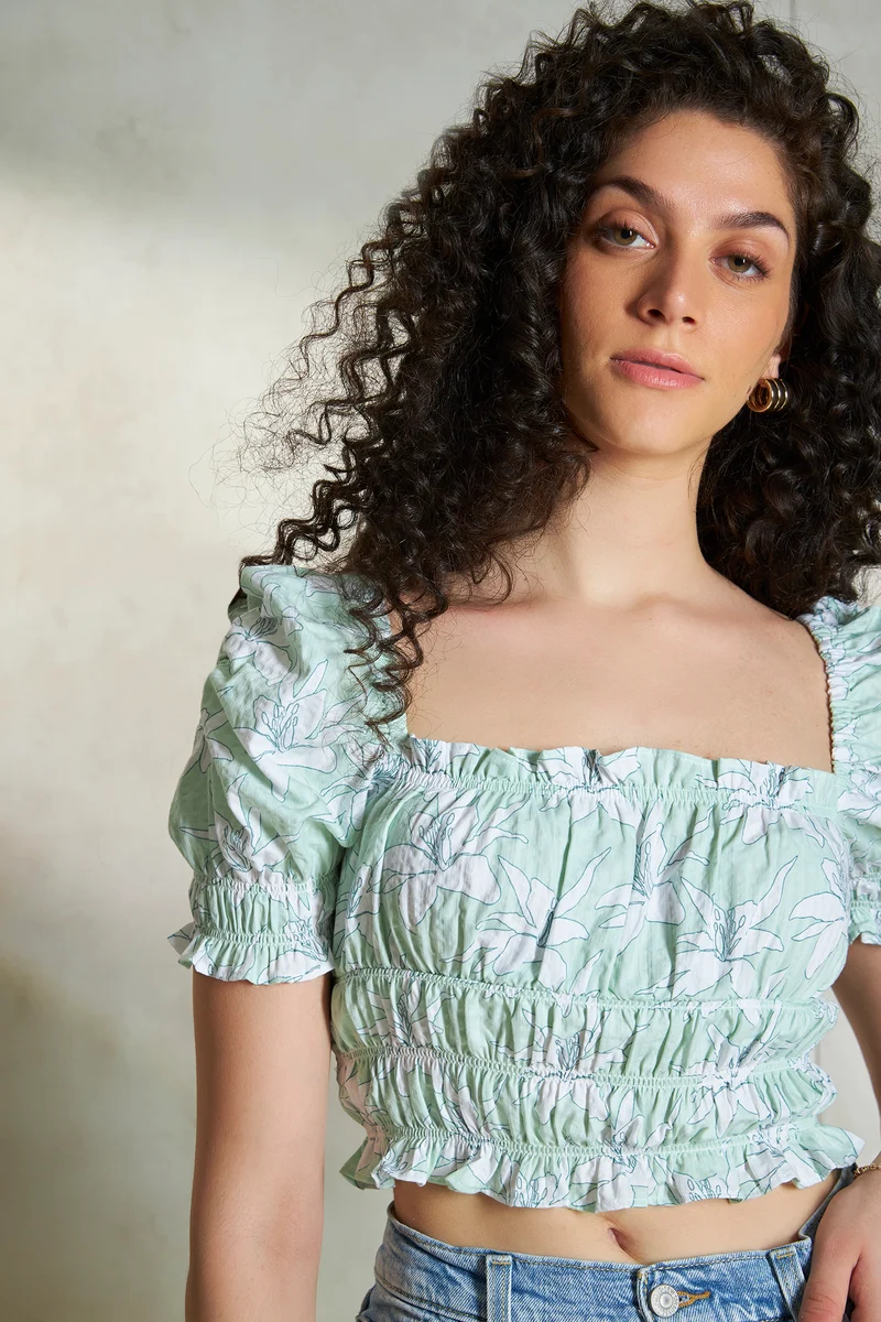 Melanie|100% Cotton Green Floral Bustier Crop Top