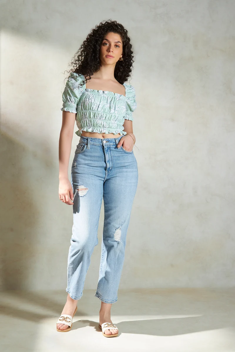 Melanie|100% Cotton Green Floral Bustier Crop Top