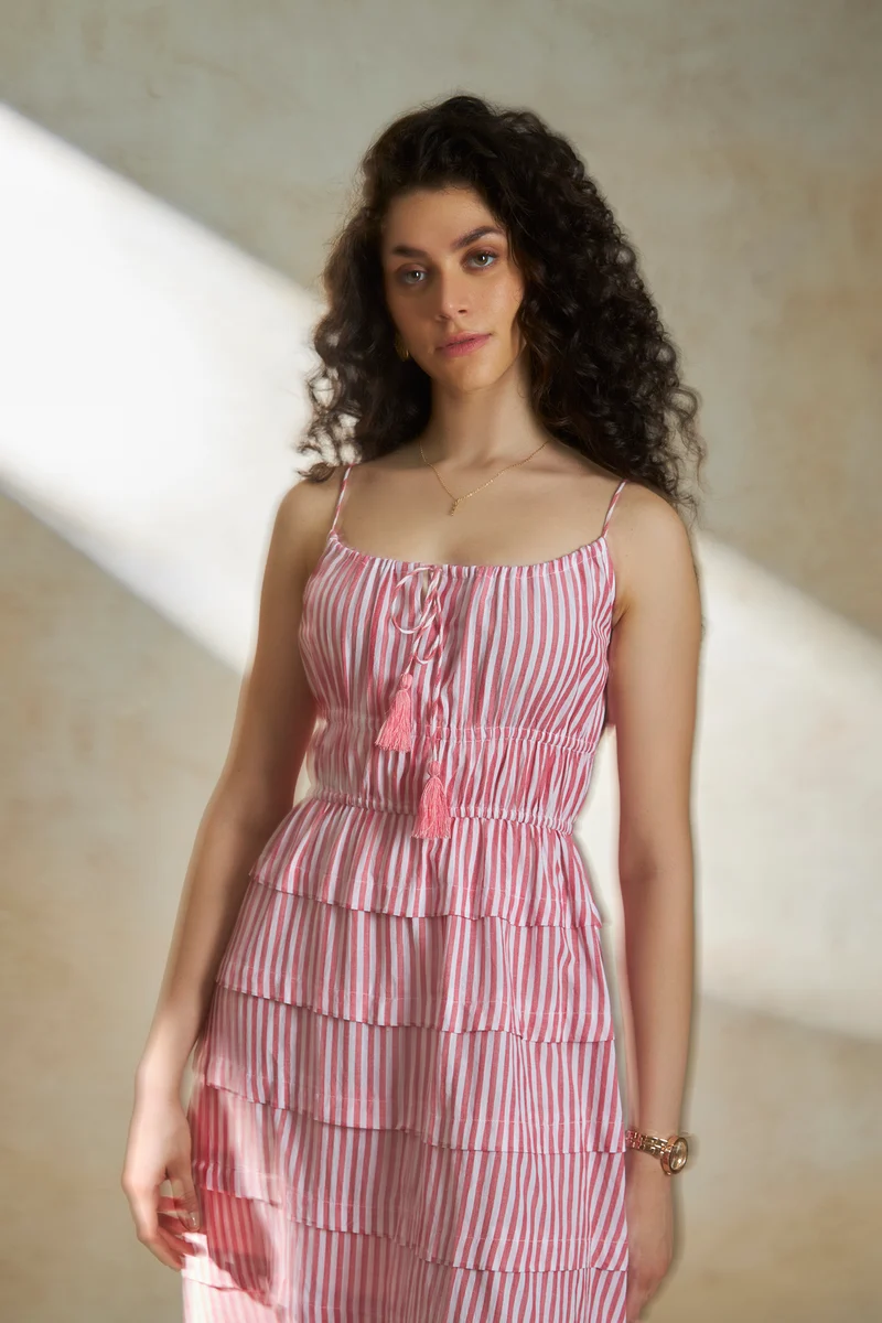 Elissa|100% Cotton Pink Striped Tiered Midi Dress
