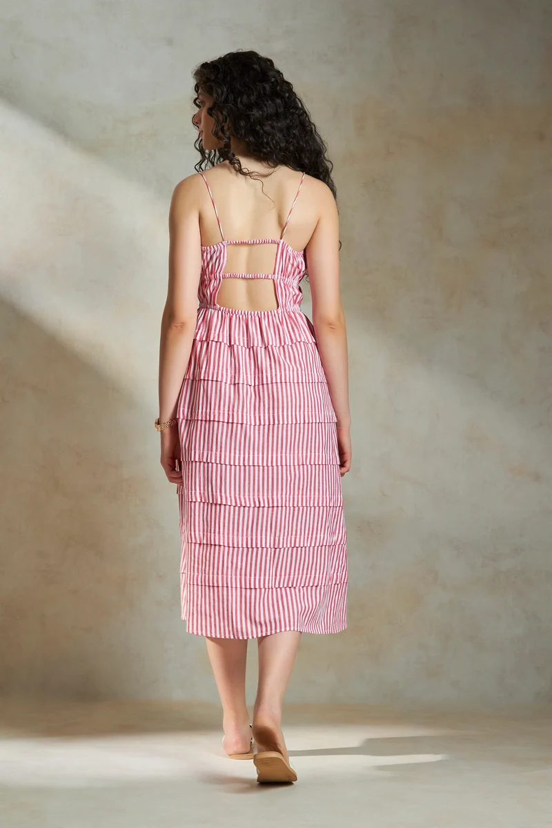 Elissa|100% Cotton Pink Striped Tiered Midi Dress