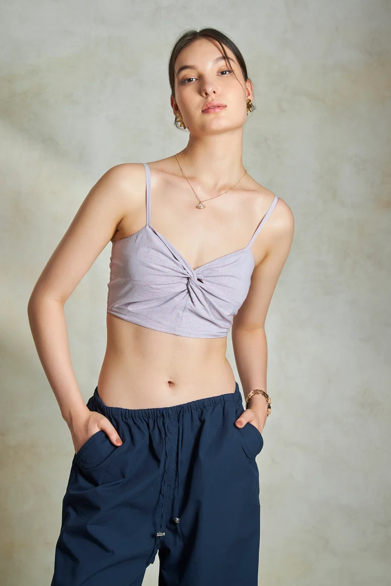 Megan|100% Cotton Twist Front Striped Cami Top