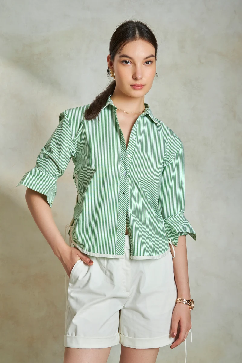 Angela|100% Cotton Stripe Shirt With Side Tie-Up