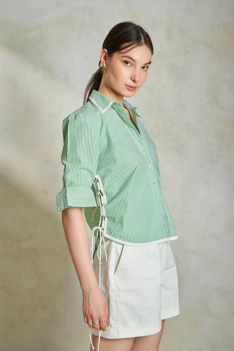 Angela|100% Cotton Stripe Shirt With Side Tie-Up