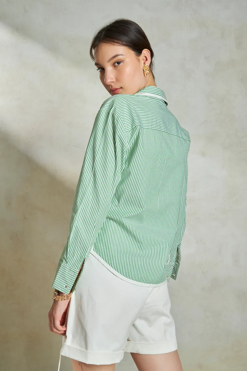 Angela|100% Cotton Stripe Shirt With Side Tie-Up