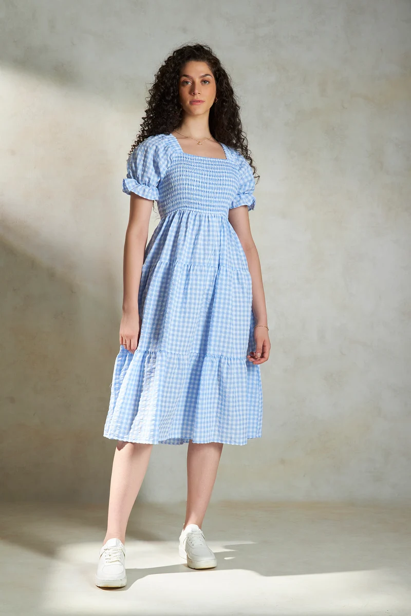 Alasia|100% Cotton Checked Midi Dress