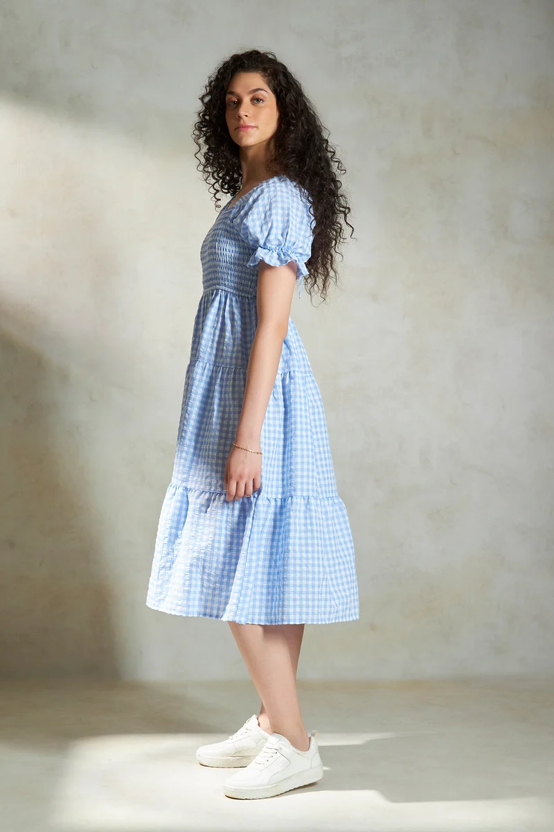 Alasia|100% Cotton Checked Midi Dress