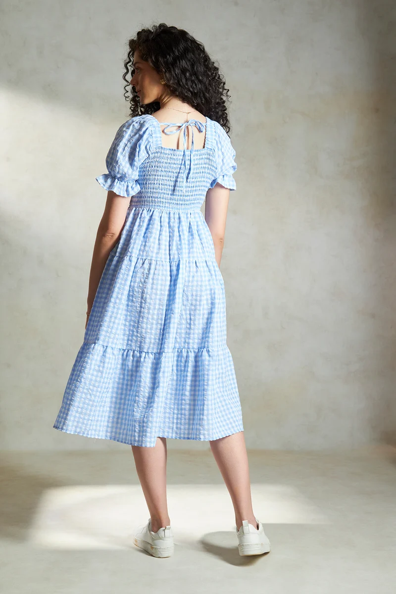Alasia|100% Cotton Checked Midi Dress