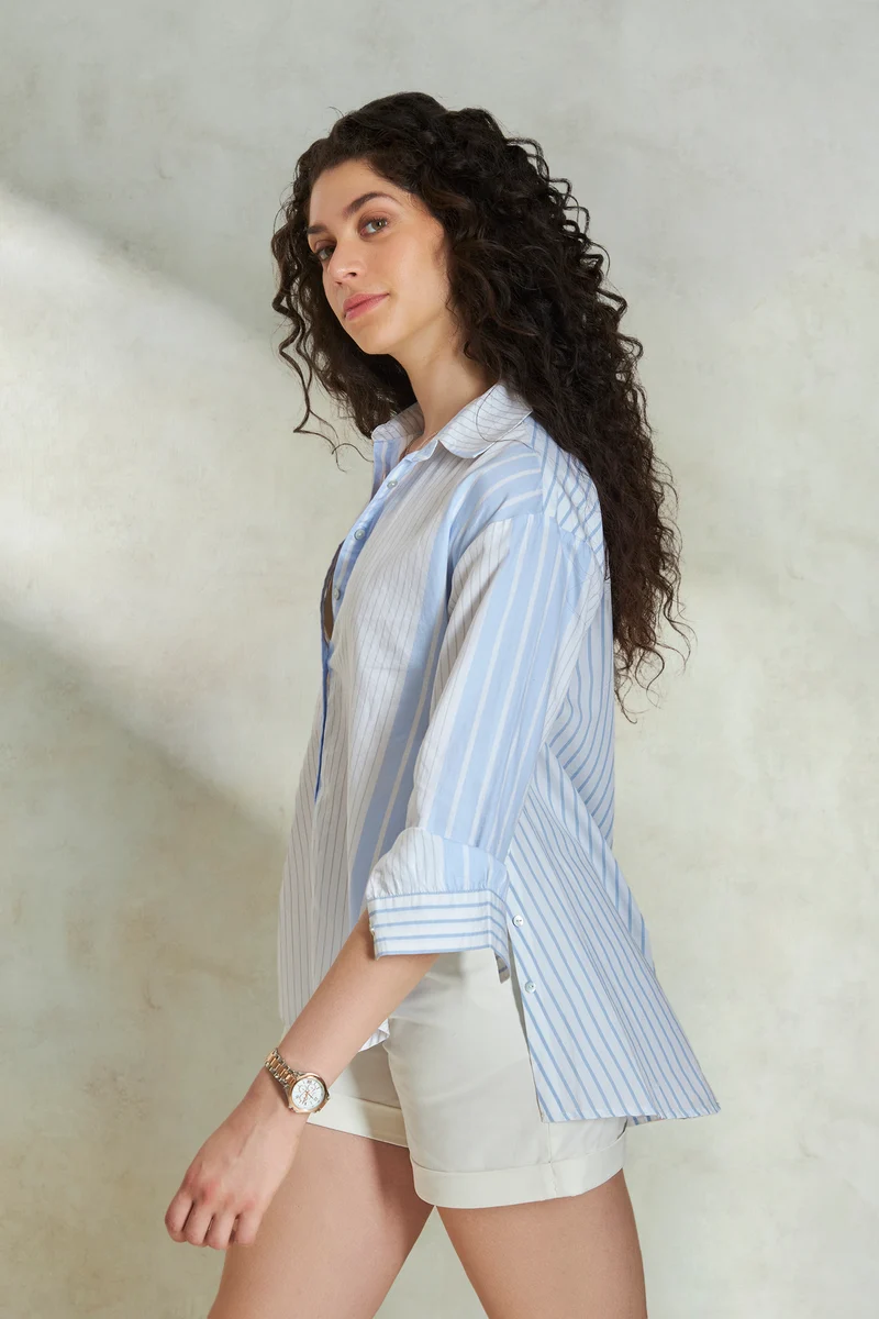 Venessa|100% Cotton Mixed Stripe High-Low Shirt