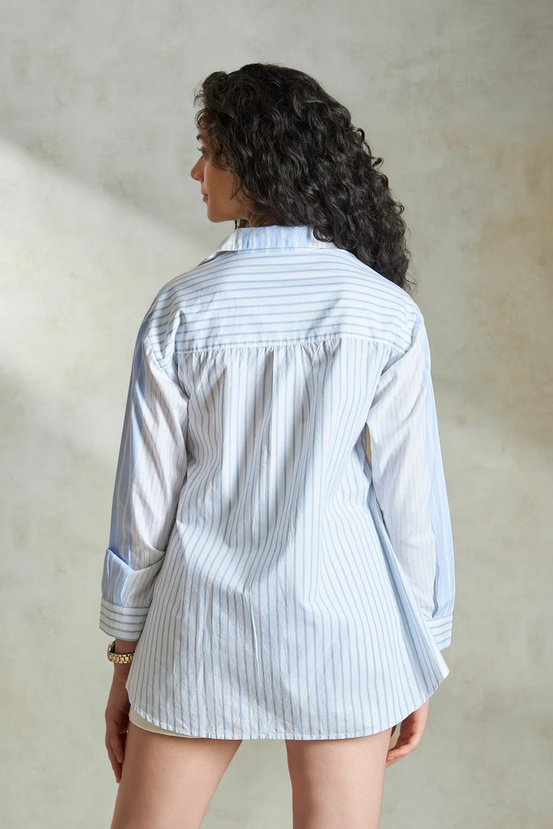 Venessa|100% Cotton Mixed Stripe High-Low Shirt
