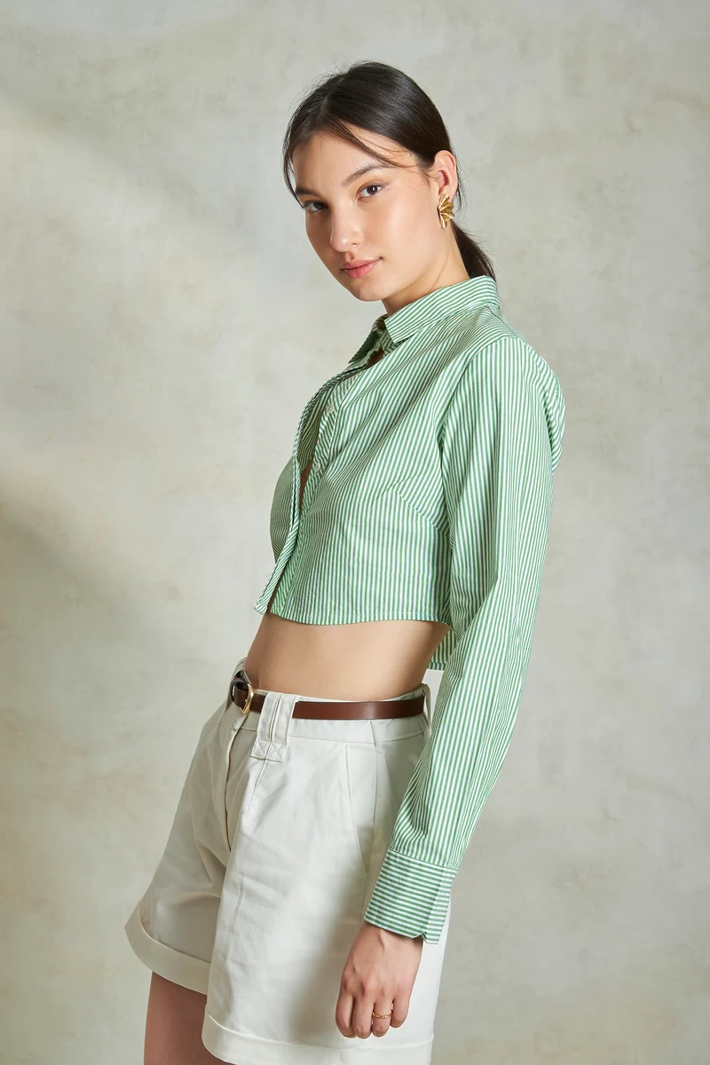 Marisa|100% Cotton Curved Hem Cropped Shirt