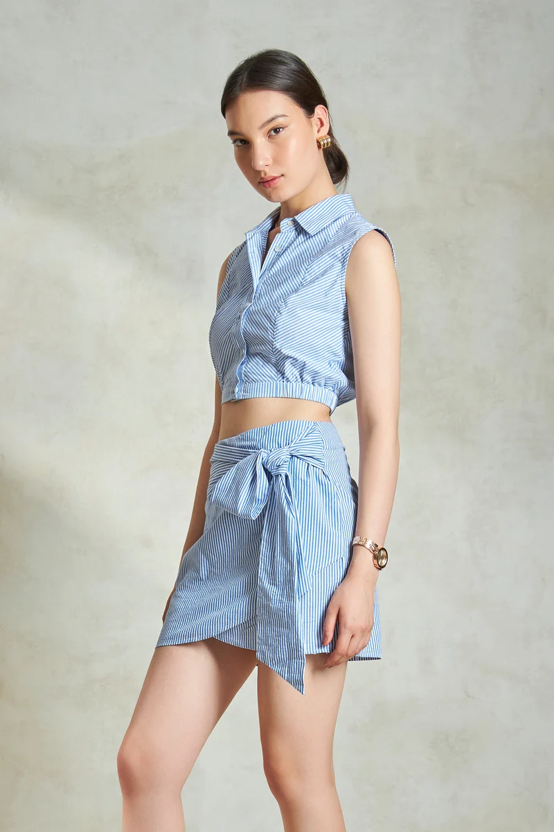 Tiffany Shirt|100% Cotton Striped Cropped Sleeveless Shirt