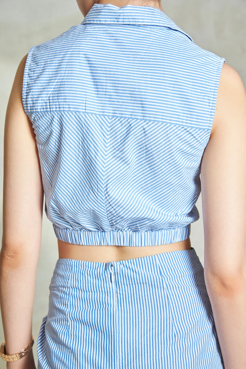 Tiffany Shirt|100% Cotton Striped Cropped Sleeveless Shirt