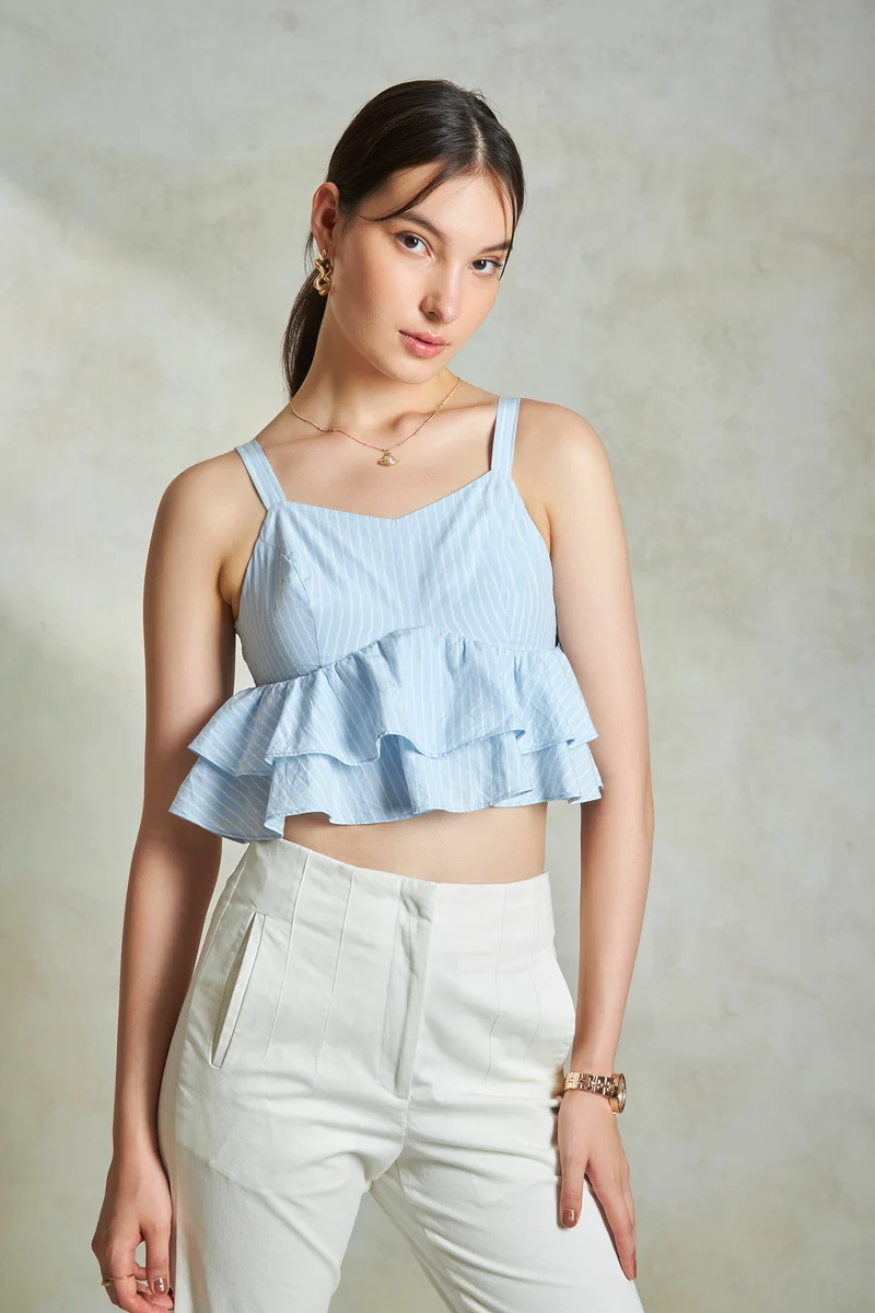 Margo|100% Cotton Striped Frill Hemcami Top