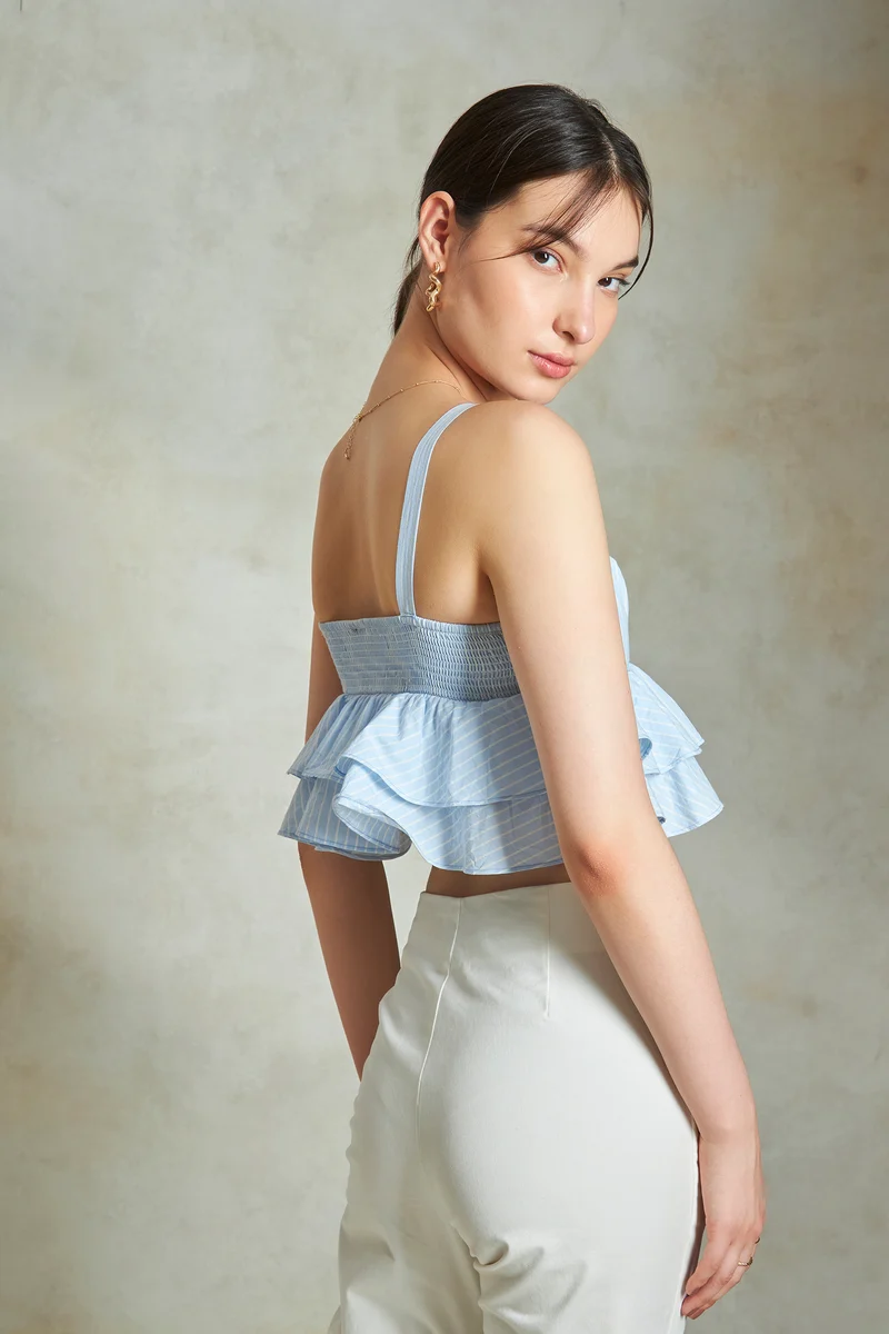 Margo|100% Cotton Striped Frill Hemcami Top