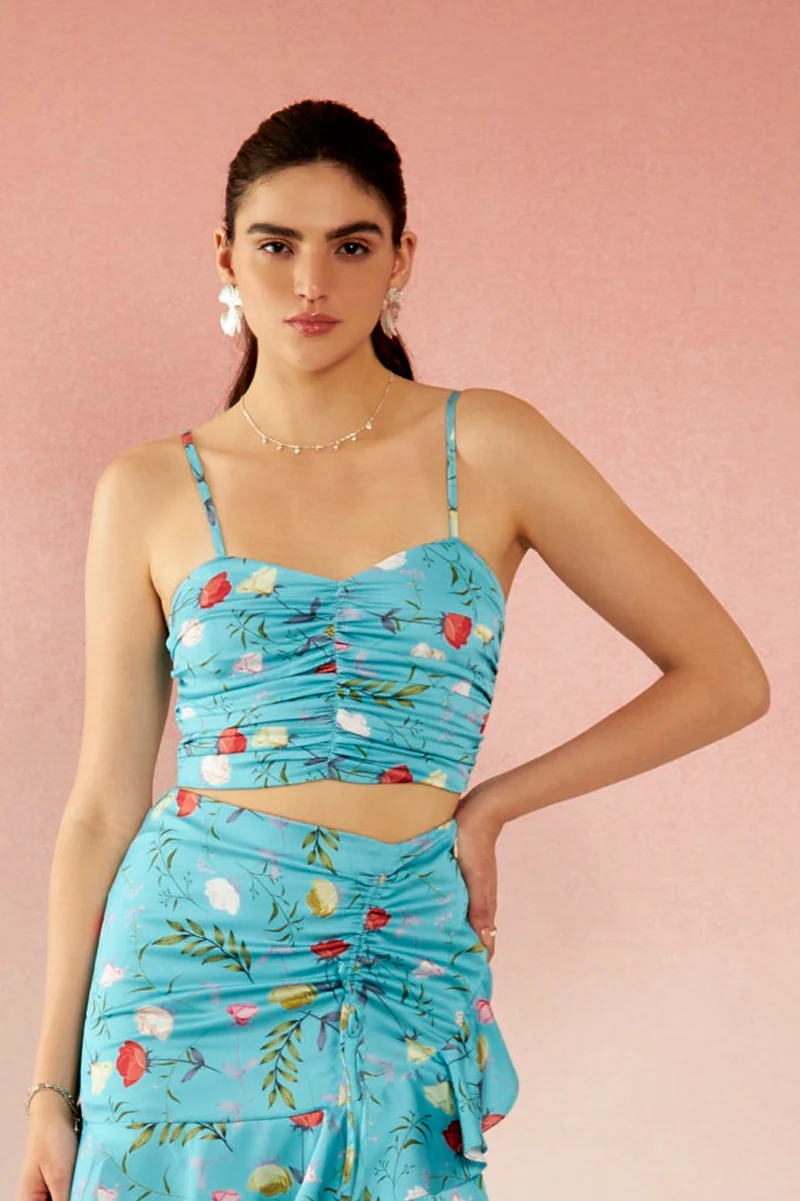 Danica Top|Satin Floral Print Sweatheart Crop Top