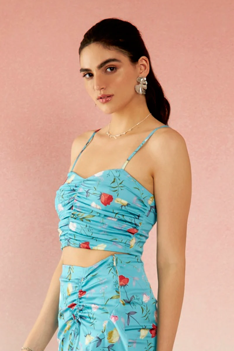 Danica Top|Satin Floral Print Sweatheart Crop Top