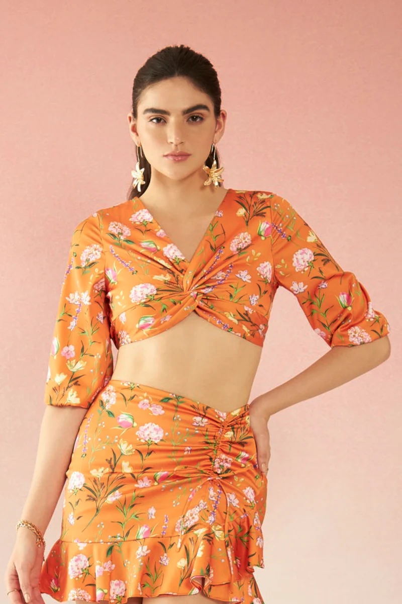Zinnia Top|Satin Floral Knot Detail V-Neck Top