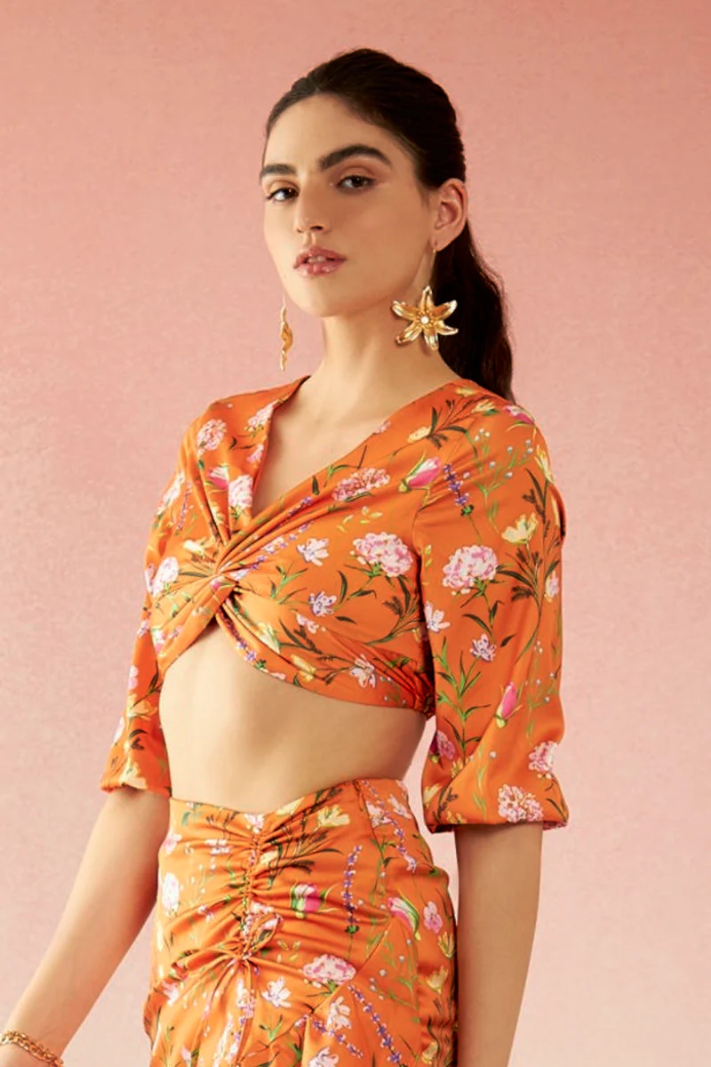 Zinnia Top|Satin Floral Knot Detail V-Neck Top