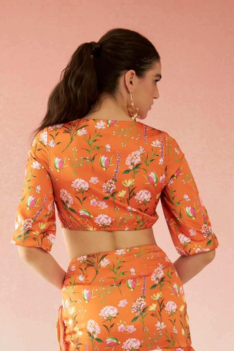 Zinnia Top|Satin Floral Knot Detail V-Neck Top