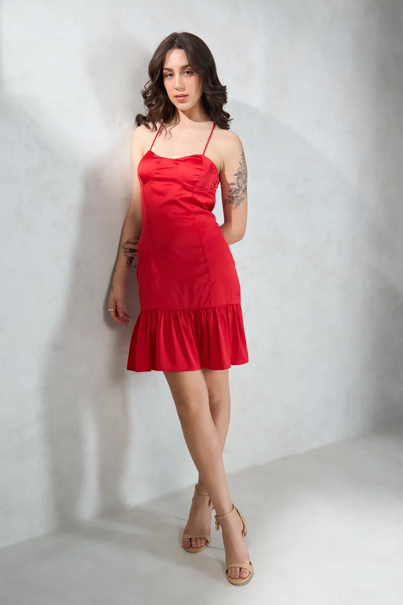 Marilyn|Satin Stretch Ruffle Hem Mini Dress