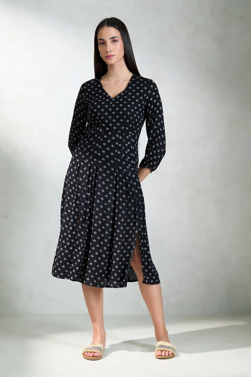Lydia|100% Viscose Midi Printed Dress With Pocket