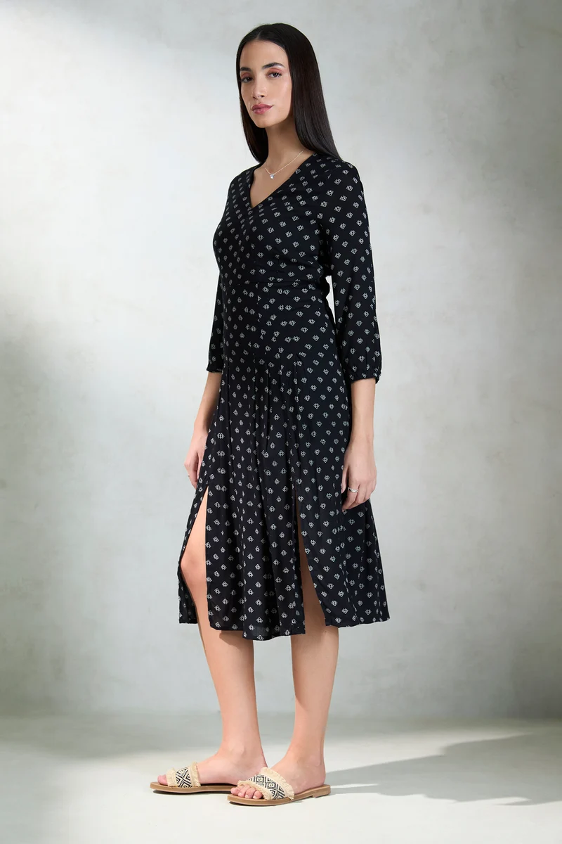 Lydia|100% Viscose Midi Printed Dress With Pocket