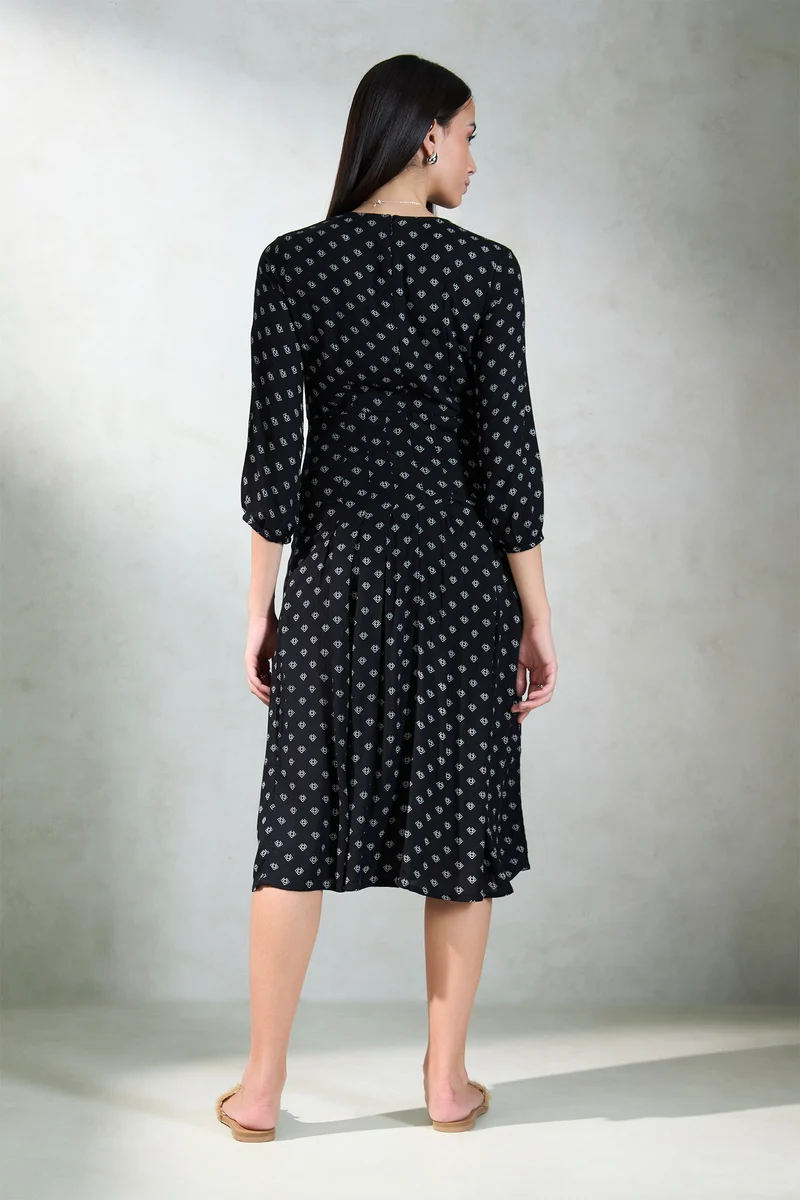 Lydia|100% Viscose Midi Printed Dress With Pocket