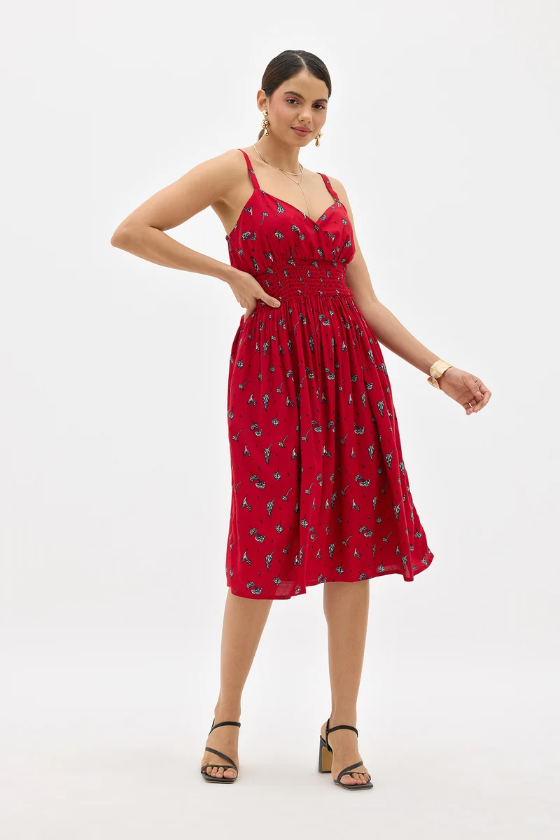 Amelia|100% Viscose Floral Print Smocked Midi Dress
