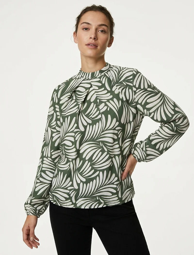 Blouse imprimé fantaisie coupe boule - Kaki