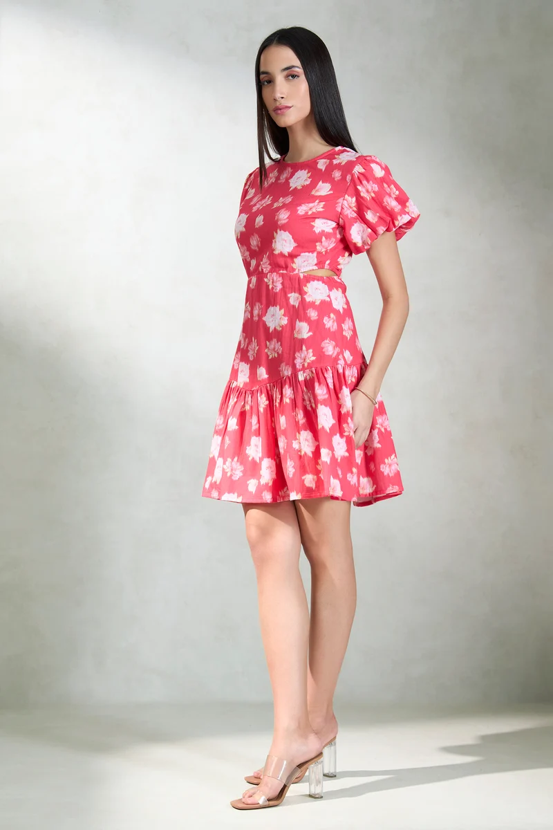 Miley|Linen Coral Cutout Fit And Flare Dress