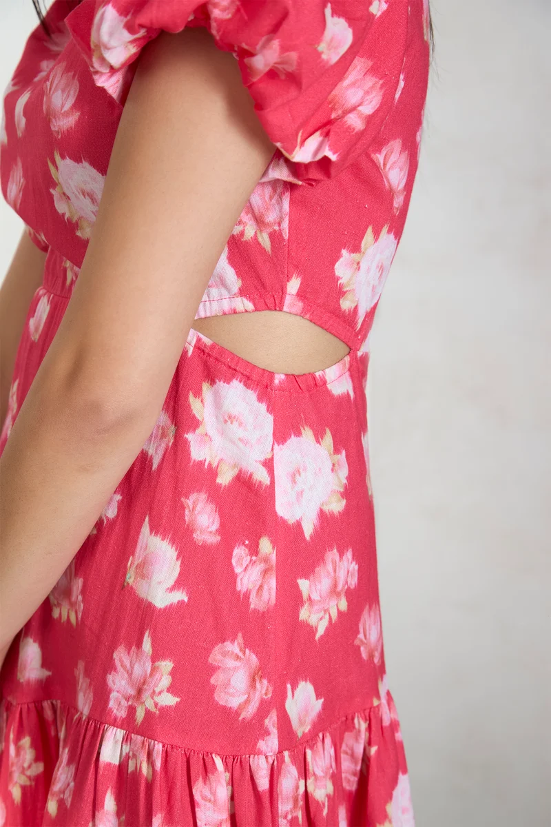 Miley|Linen Coral Cutout Fit And Flare Dress