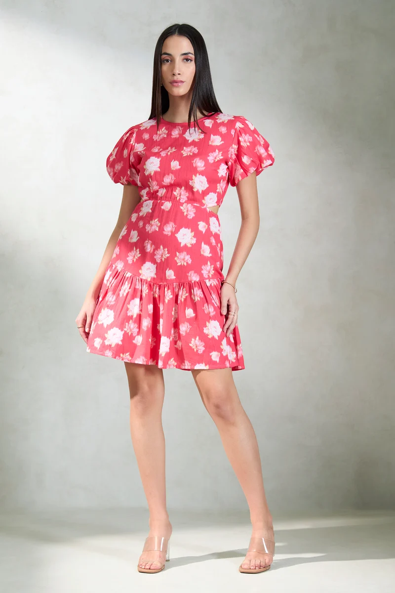 Miley|Linen Coral Cutout Fit And Flare Dress
