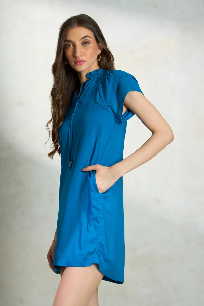 Rebecca|100% Modal Blue Modal Mandarin Collar Dress