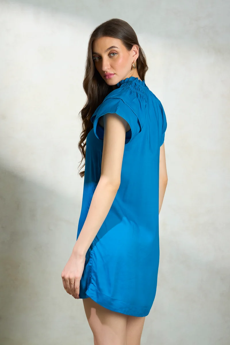 Rebecca|100% Modal Blue Modal Mandarin Collar Dress