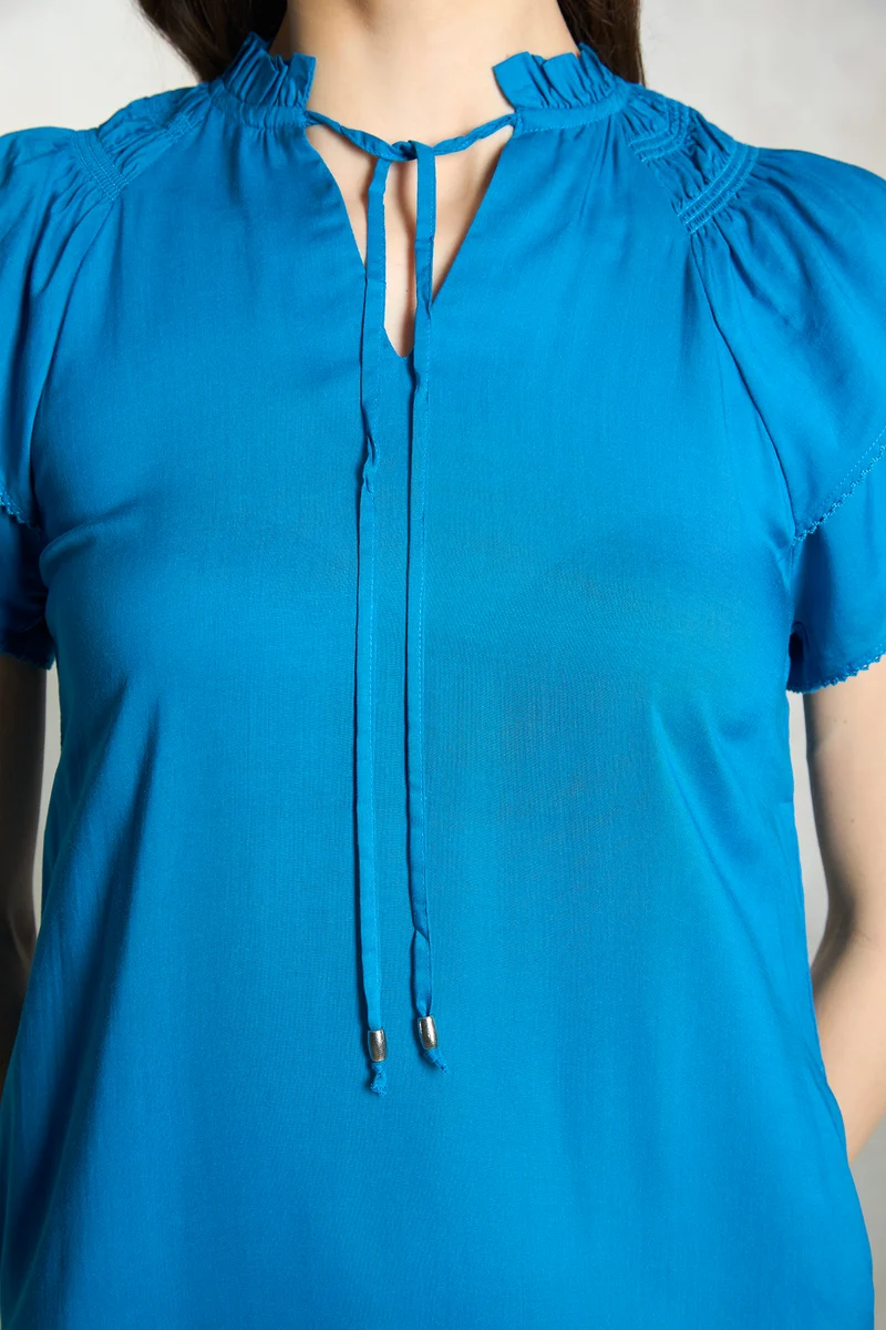 Rebecca|100% Modal Blue Modal Mandarin Collar Dress