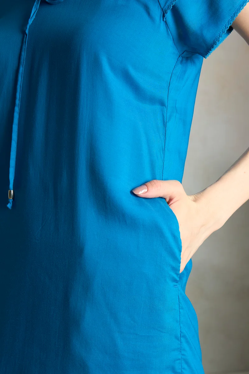 Rebecca|100% Modal Blue Modal Mandarin Collar Dress