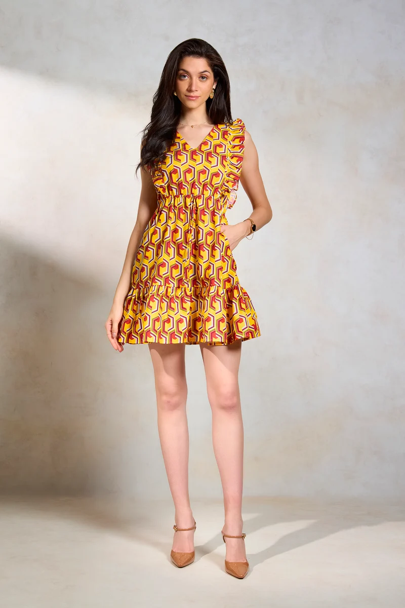 Erum|100% Cotton Cotton Vneck Printed Dress