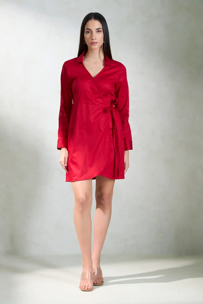 Viha|Cotton Stretch Red Tie-Up Wrap Mini Dress