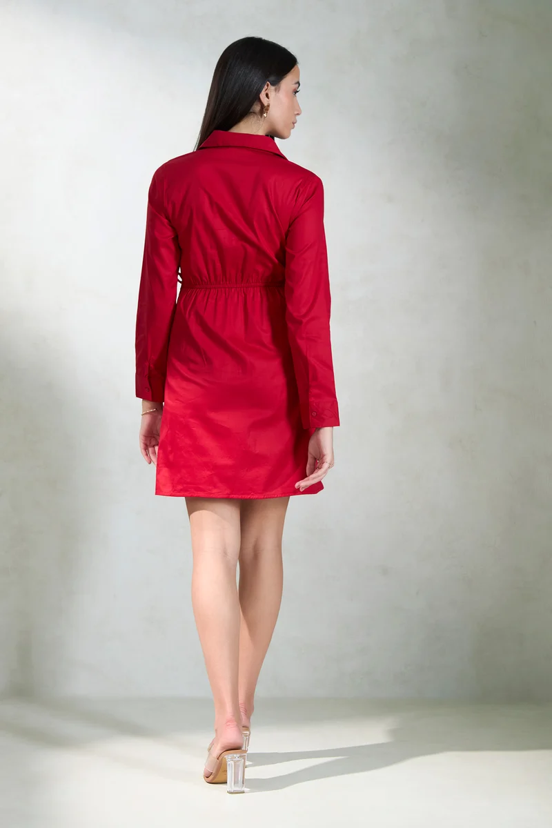 Viha|Cotton Stretch Red Tie-Up Wrap Mini Dress