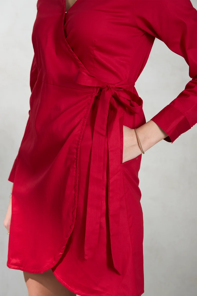 Viha|Cotton Stretch Red Tie-Up Wrap Mini Dress