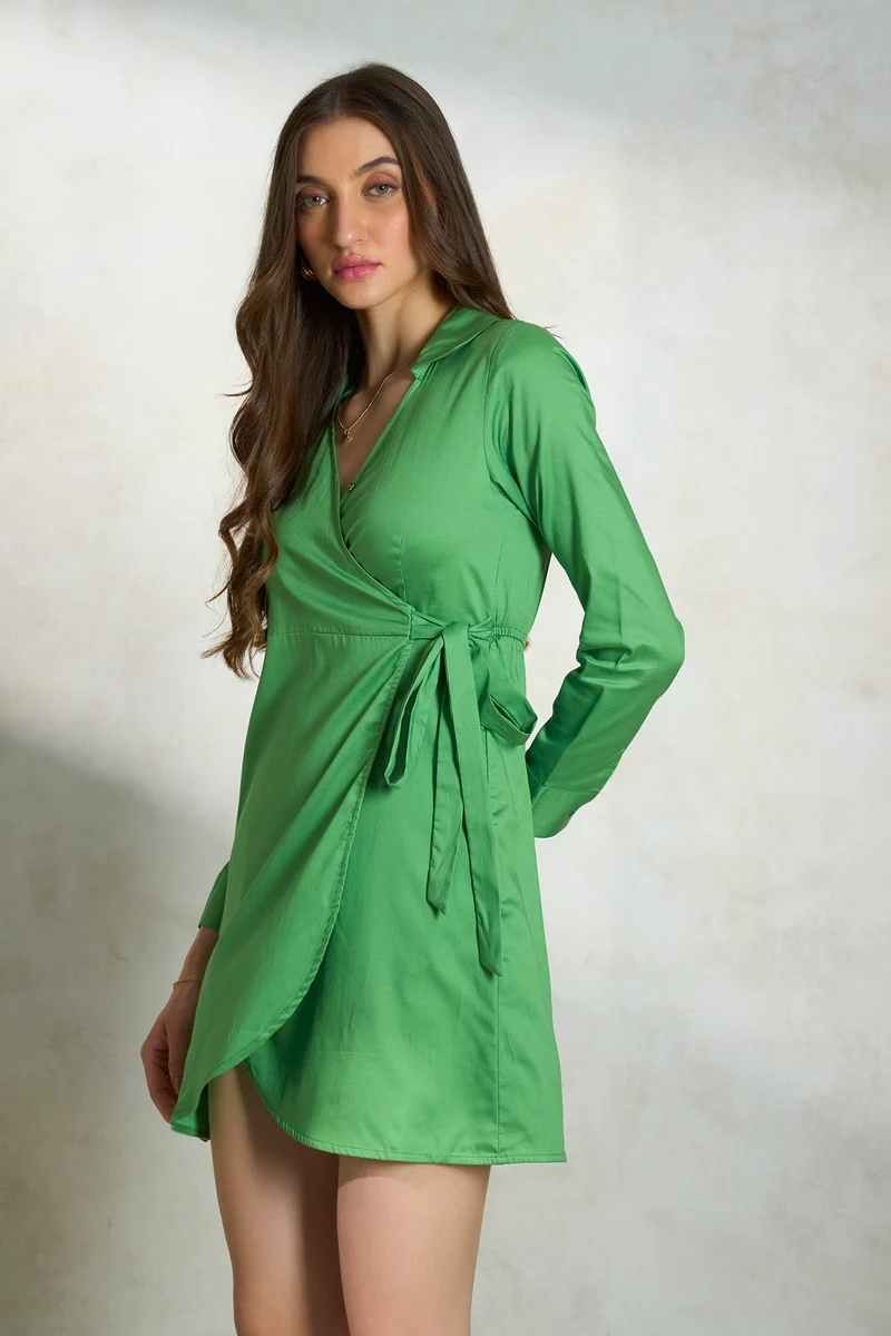 Faye|Cotton Stretch Green Mini Wrap Dress