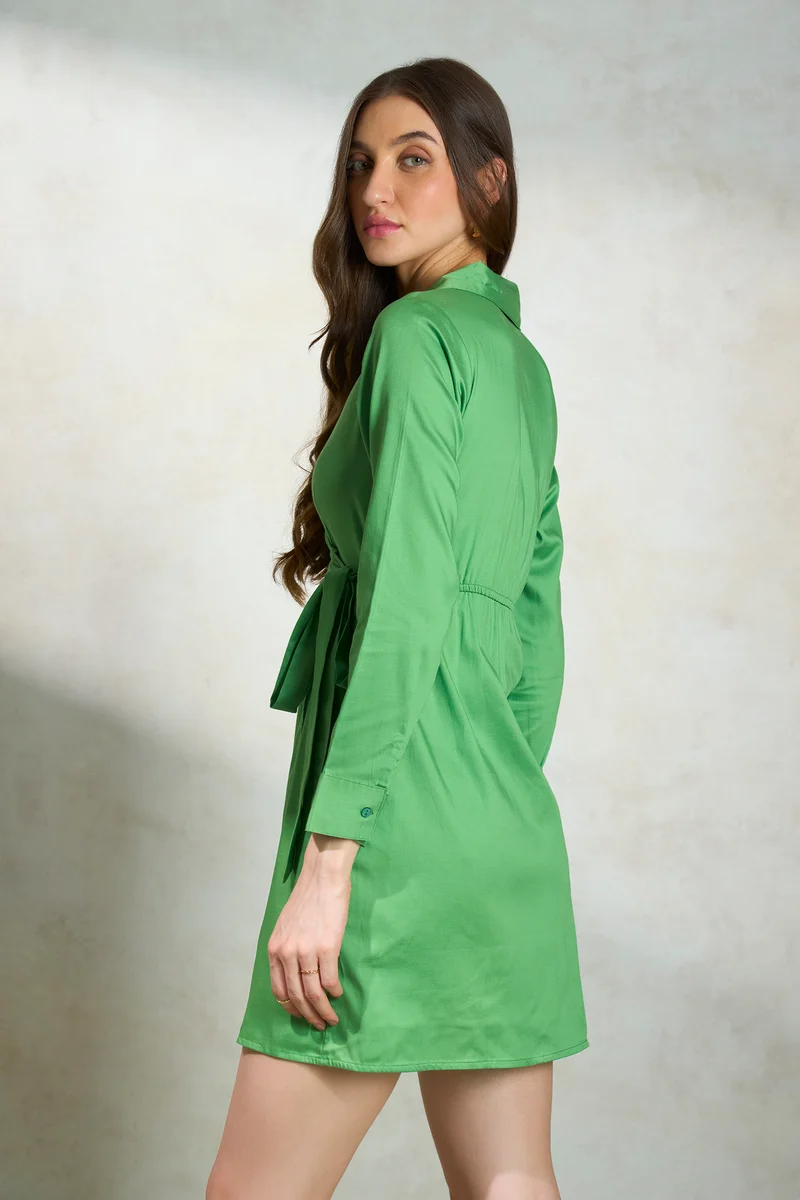 Faye|Cotton Stretch Green Mini Wrap Dress