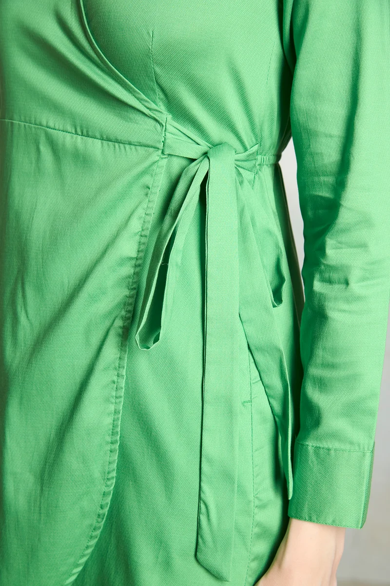 Faye|Cotton Stretch Green Mini Wrap Dress