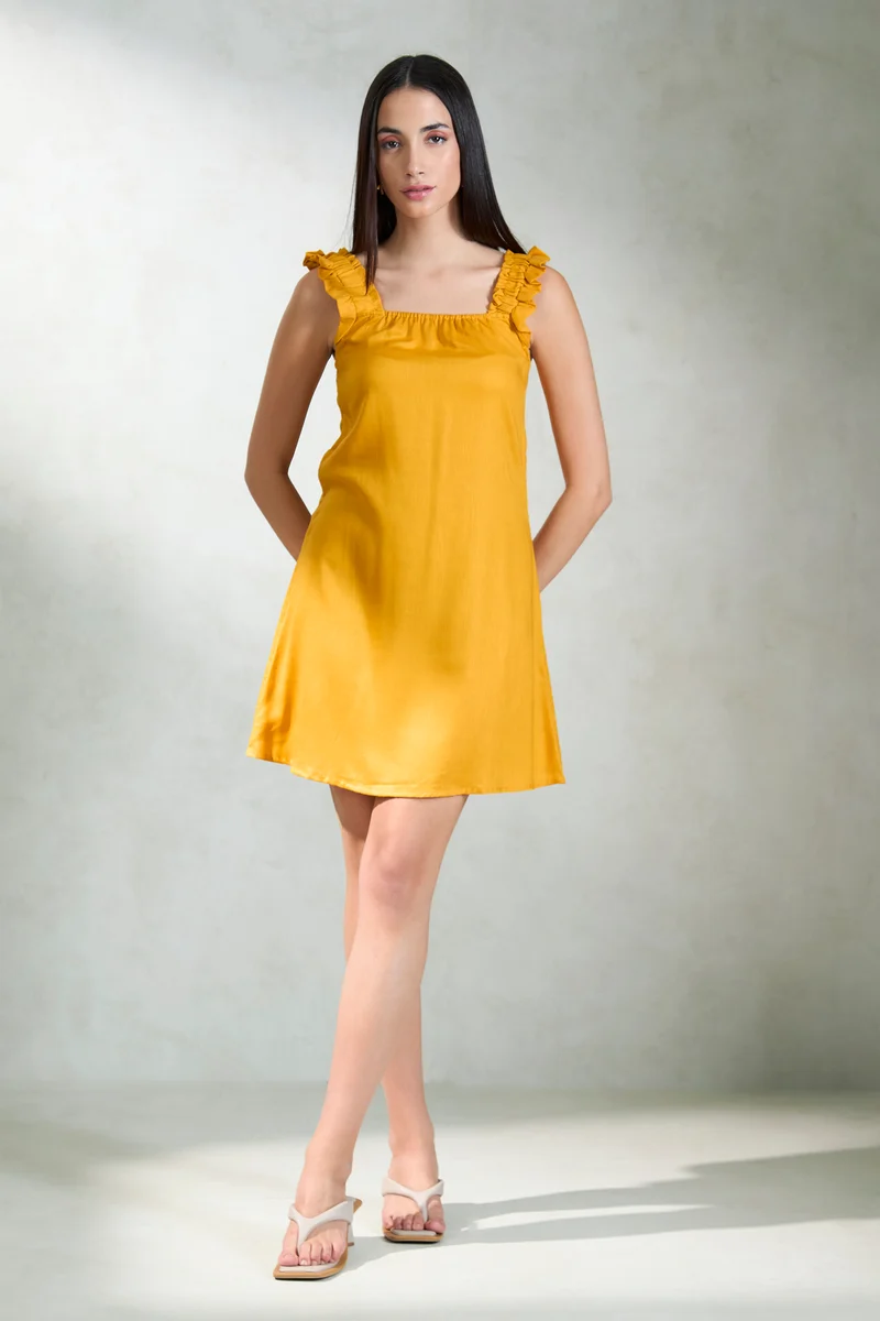 Xiti|100% Lyocell Yellow Mini Dress With Frills