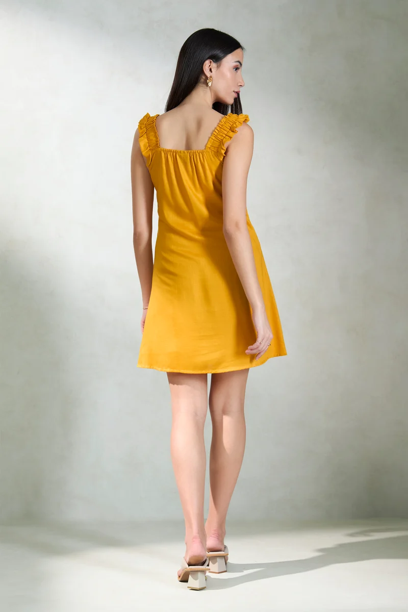 Xiti|100% Lyocell Yellow Mini Dress With Frills